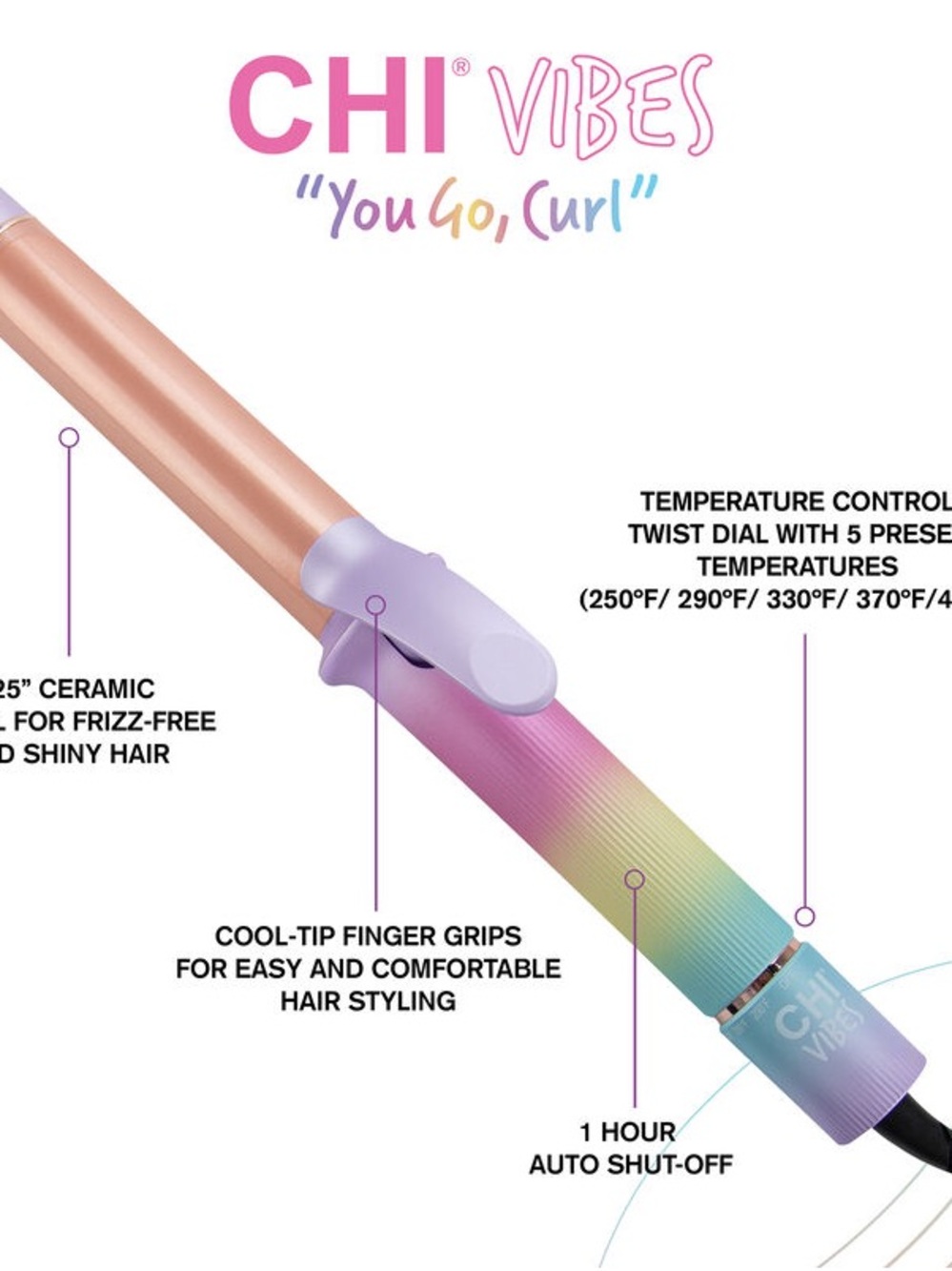 CHI Vibes Pastel Rainbow Ceramic Curling Wand - Multicolor